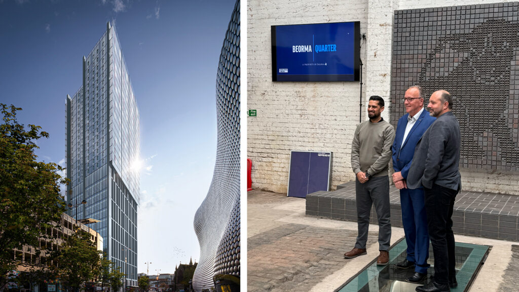 [Left] External CGI artwork of the finished building comprising 1 Beorma Place and Beorma Tower. [Right] The event speakers answer questions following the Building Brum event