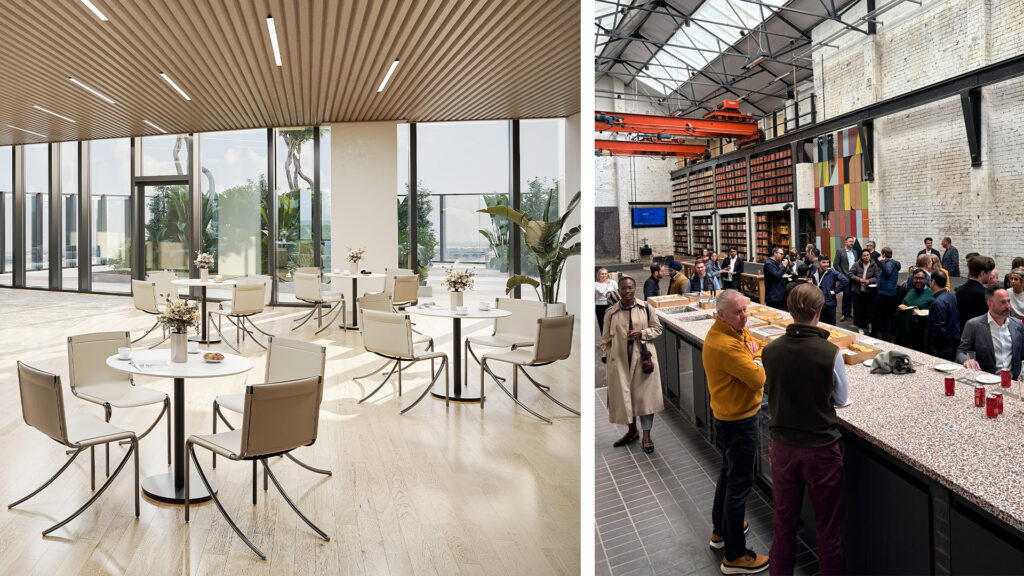 [Left] CGI concept of 1 Beorma Place's business lounge. [Right] Attendees networking prior to the Building Brum event